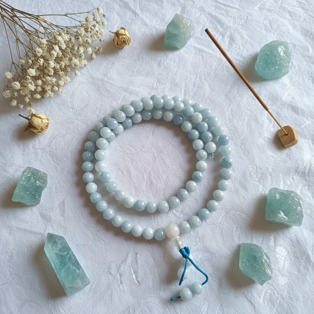 Japamala giada azzurra - composizione fiori e cristalli