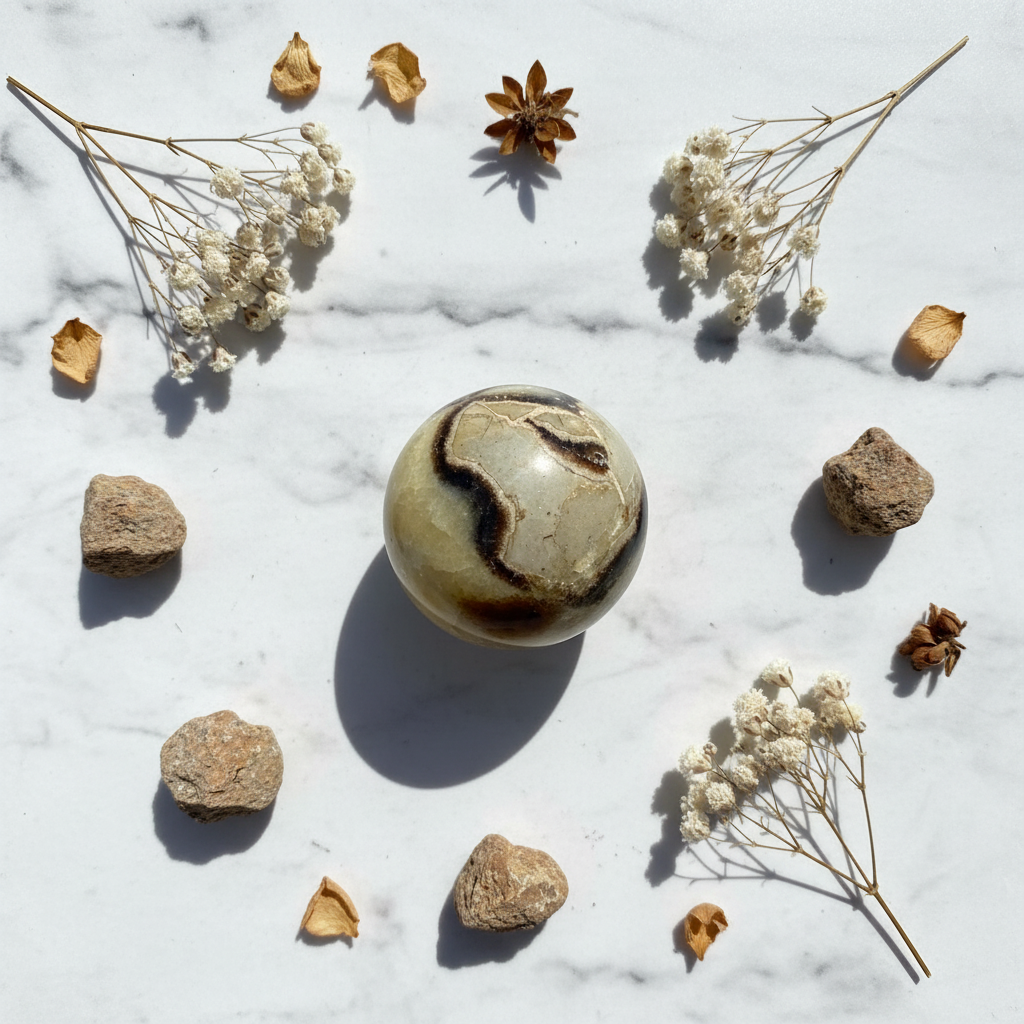 Sfera Septaria flat lay marmo con septaria grezza e fiori