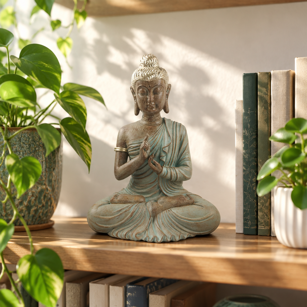 Buddha in resina su mensola con piante e luce naturale