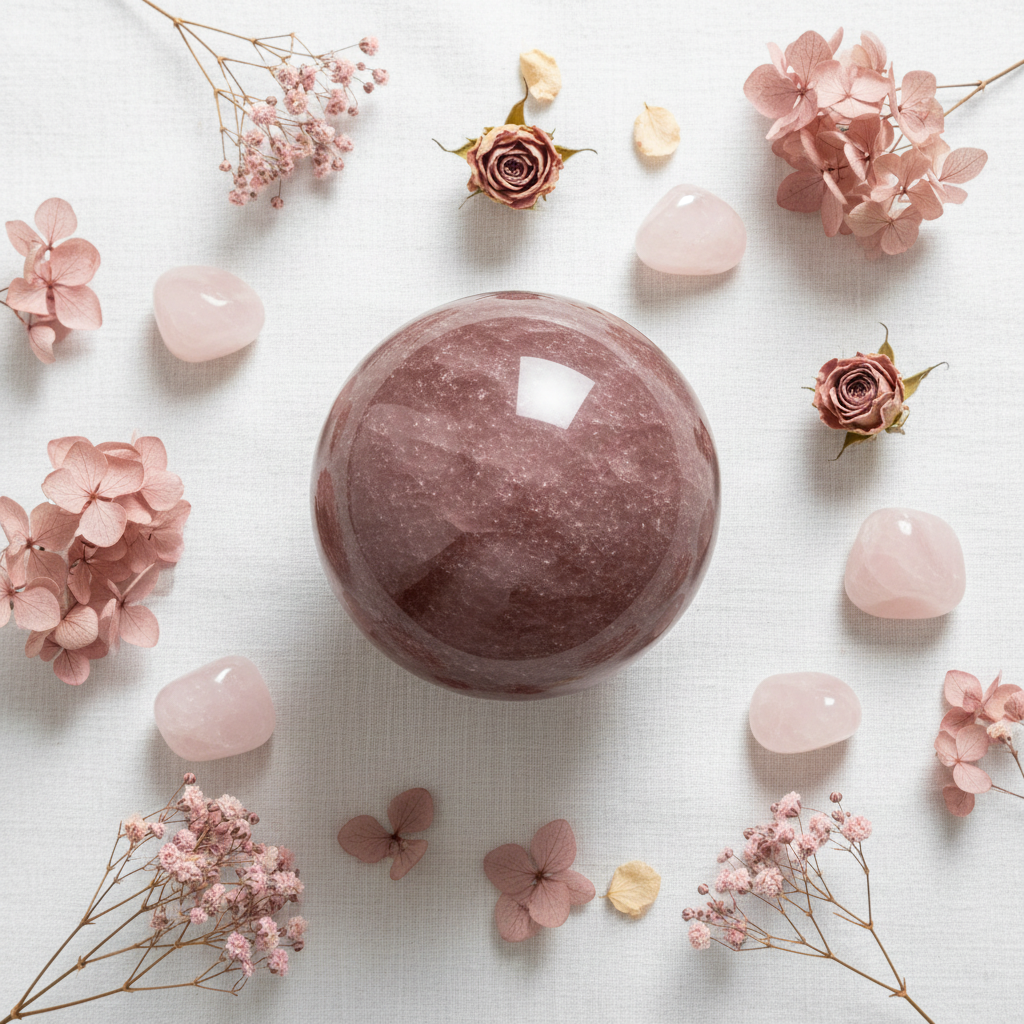 Sfera in Quarzo Fragola con fiori secchi su lino
