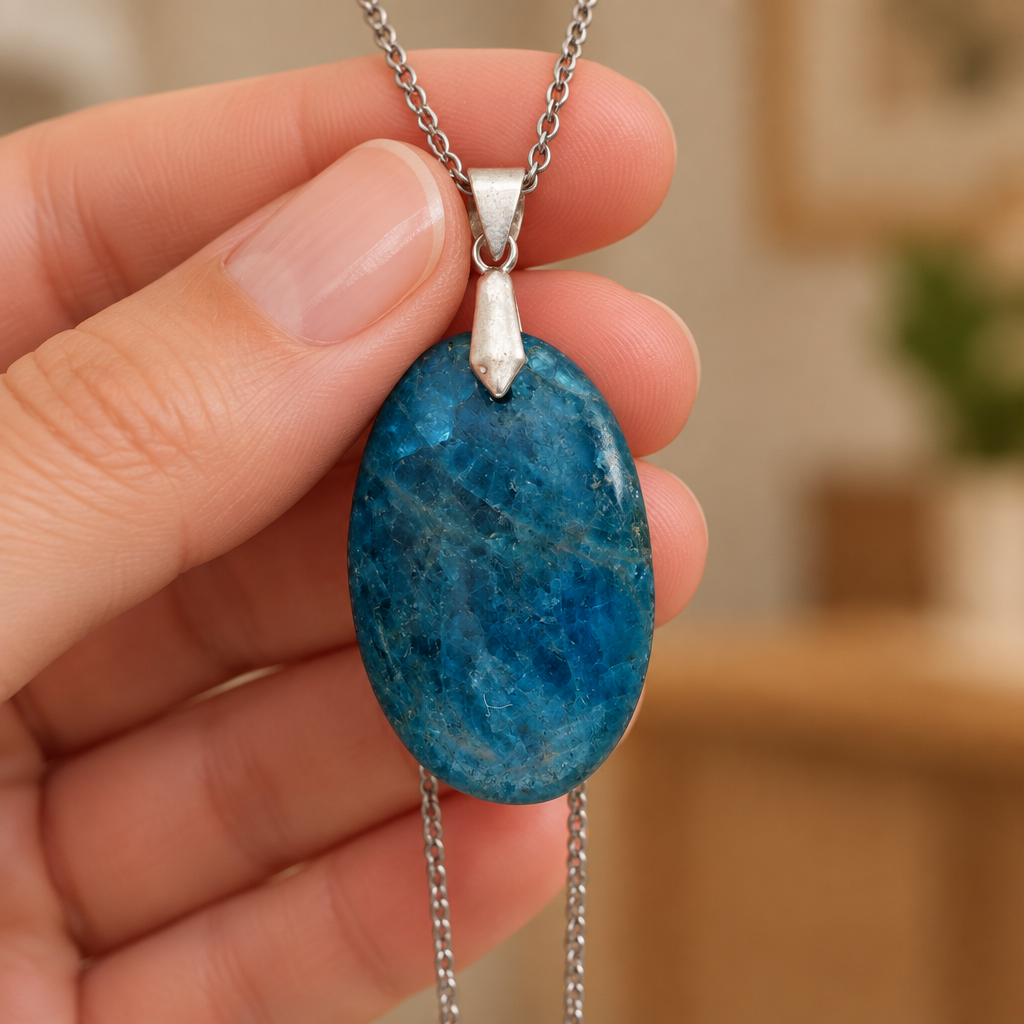 Ciondolo in apatite con collana tenuto in mano