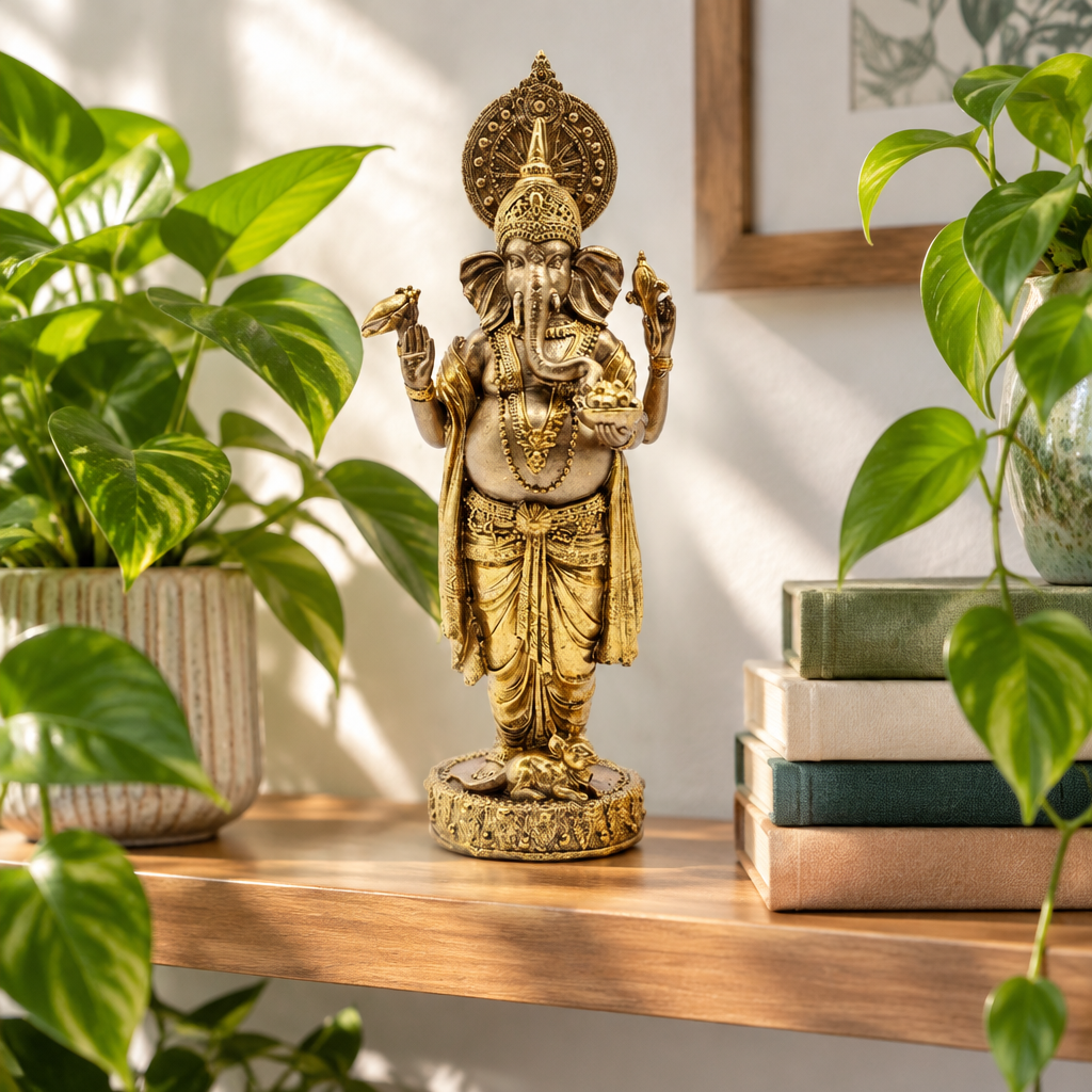 Statua di Ganesh in resina su mensola con piante e luce naturale