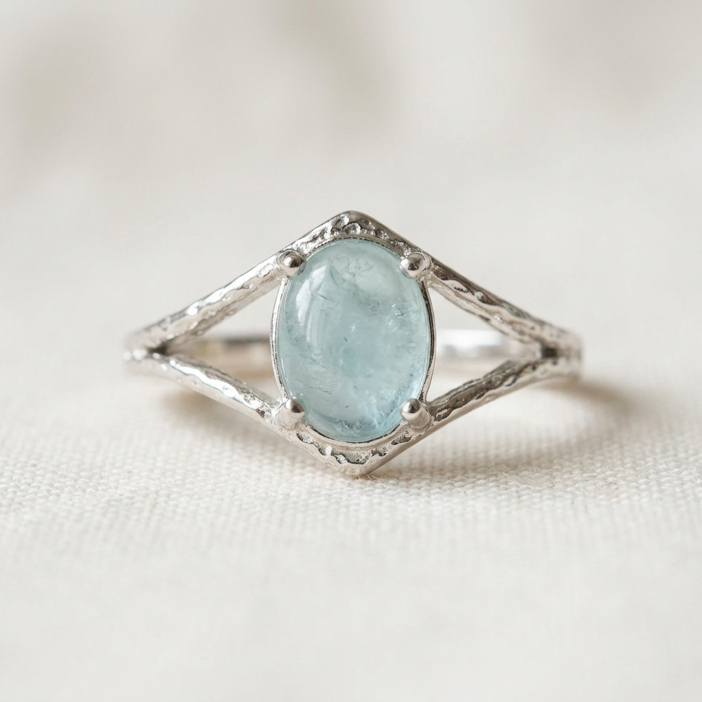 Anello 309 con acquamarina su lino avorio