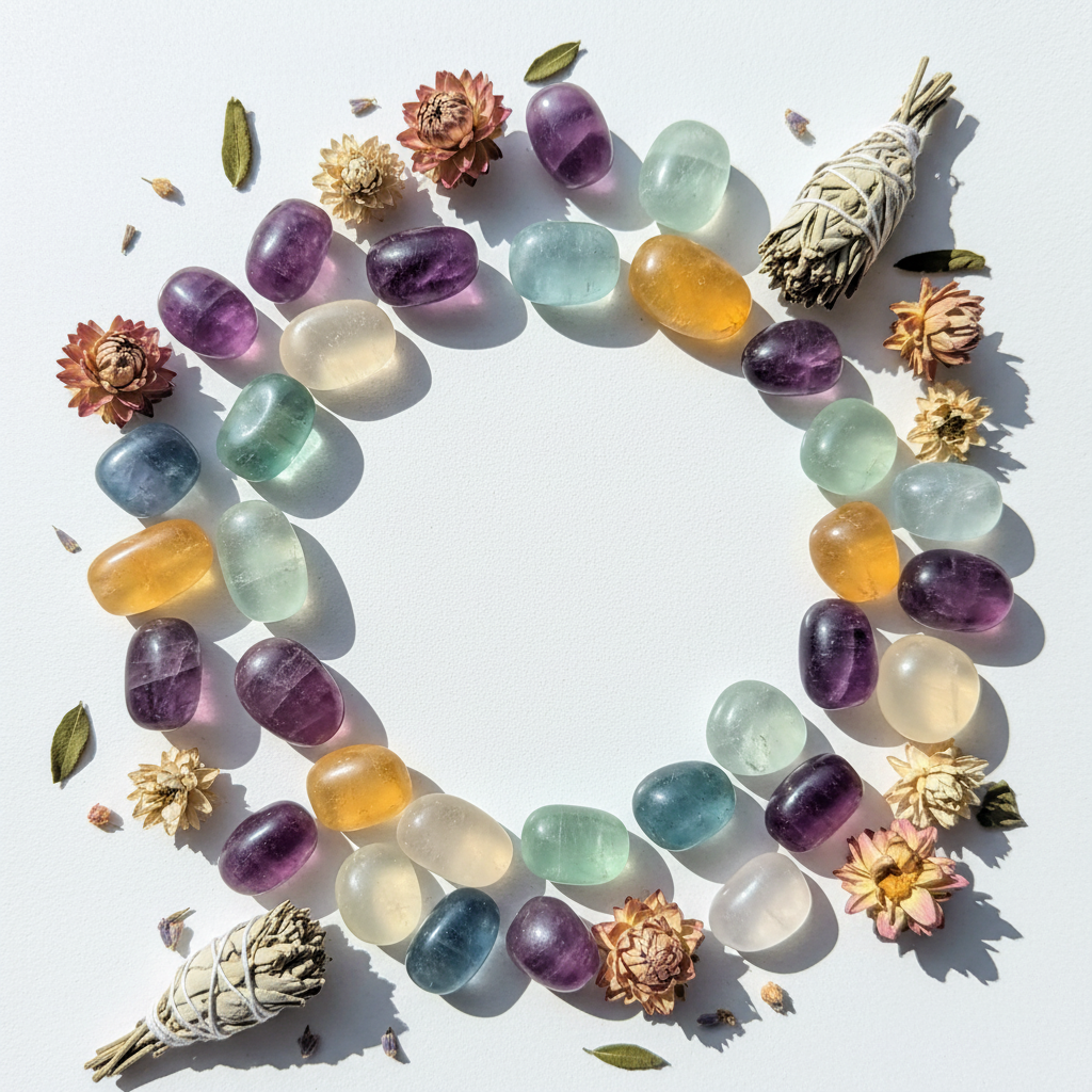 Fluorite arcobaleno con fiori secchi e salvia