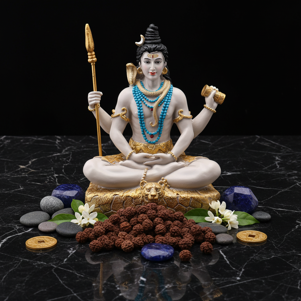Flatlay statua Shiva su marmo nero con rudraksha e zaffiri