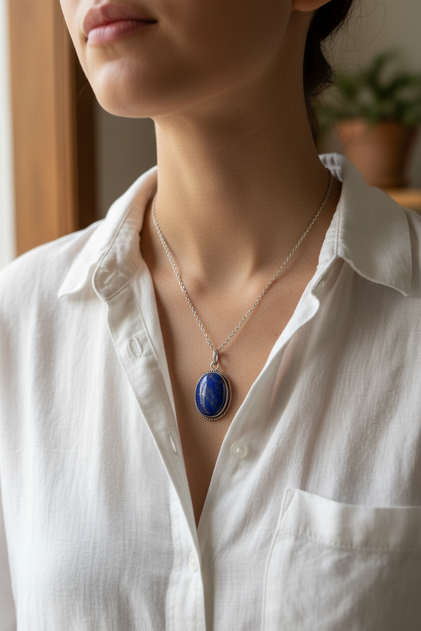 Collana con Ciondolo Vintage in Argento e Lapislazzuli Naturale