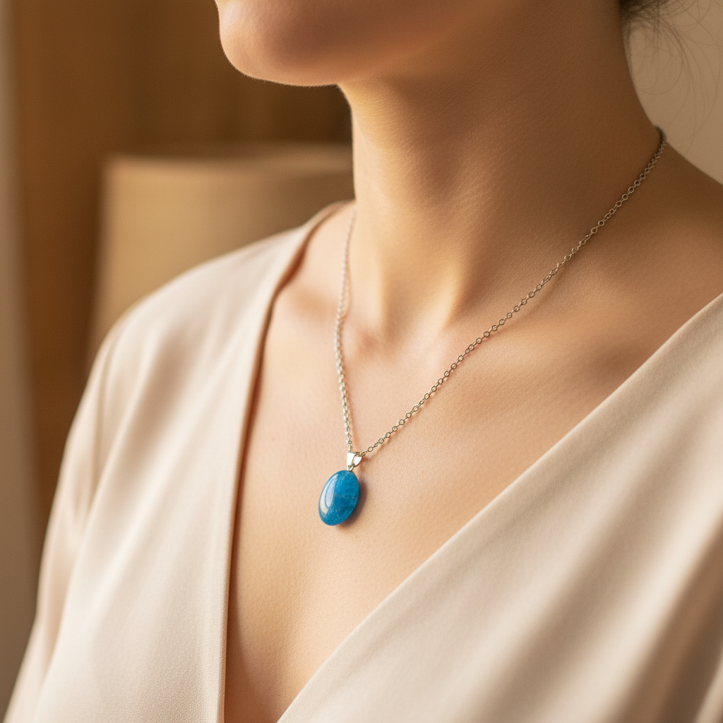 Collana apatite blu grezza lifestyle indossata