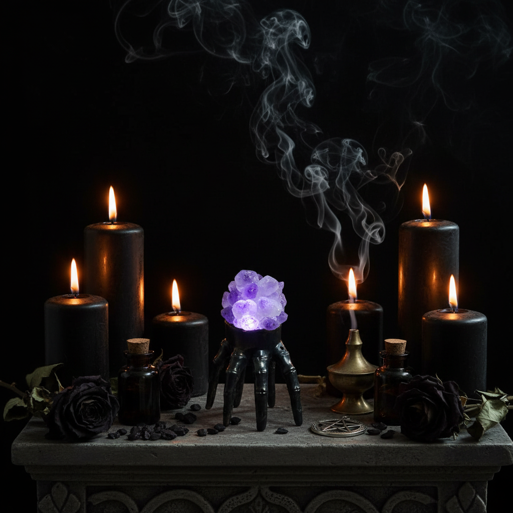 Mano scheletro con ametista - altare gotico con candele nere