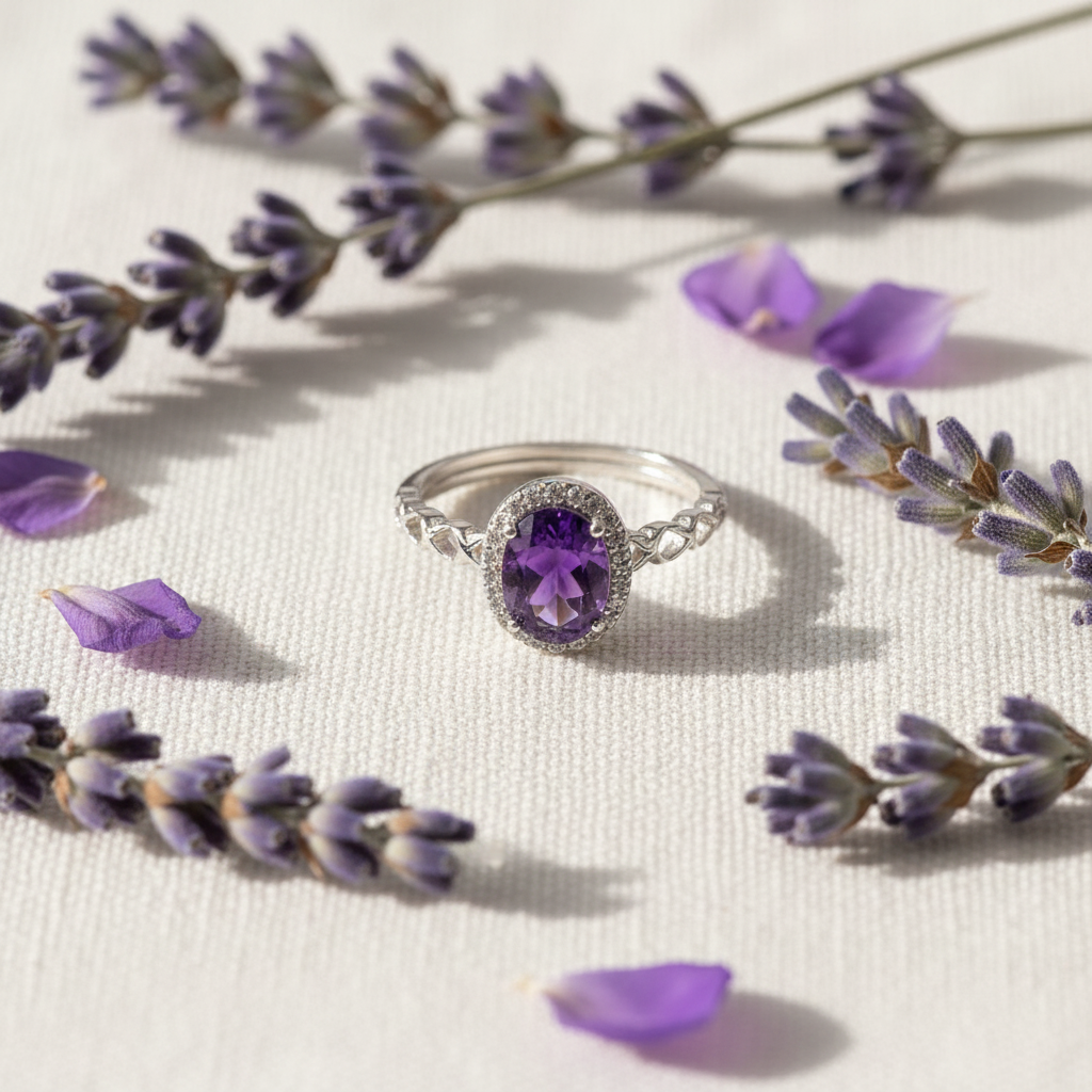 Anello ametista flat lay con lavanda