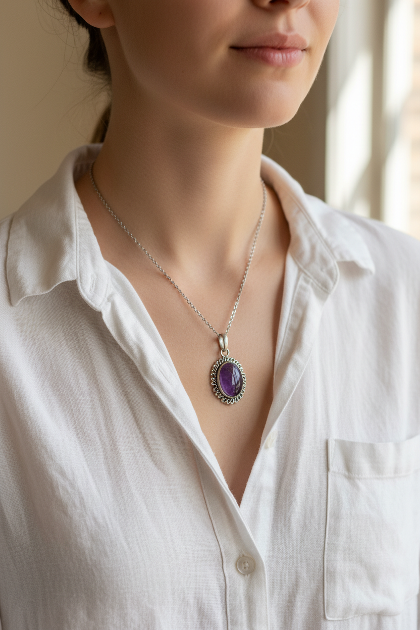 Collana con Ciondolo Vintage in Argento e Ametista Naturale