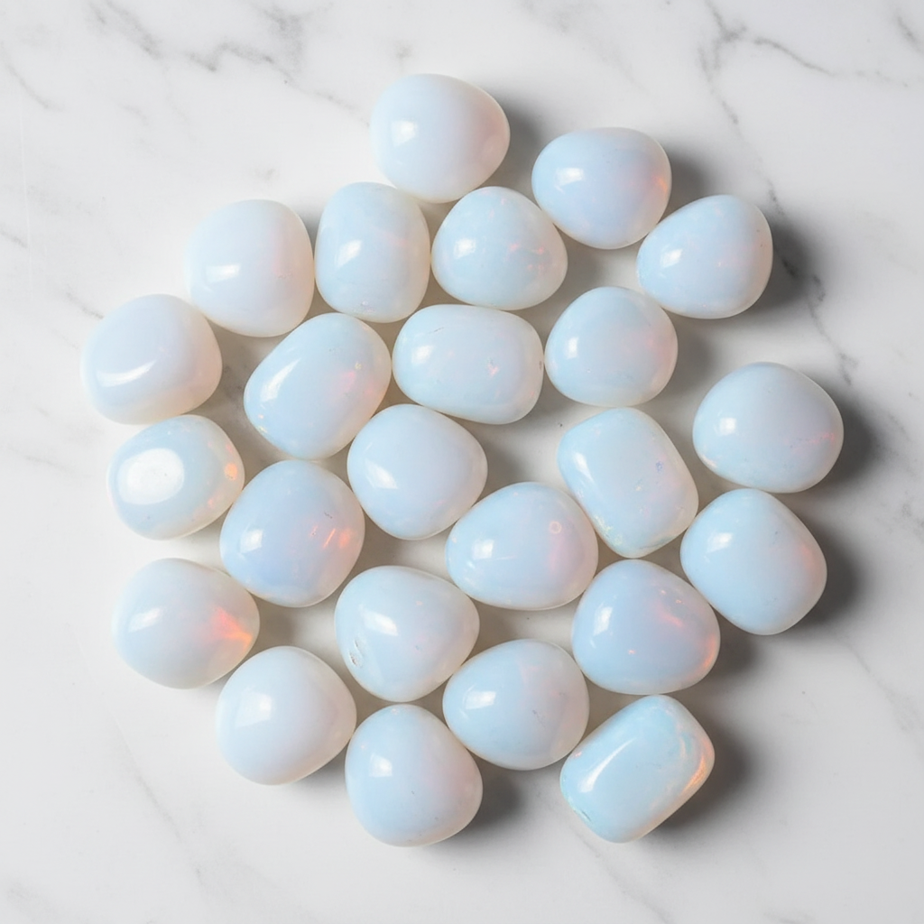Opalite tumbled flatlay su marmo