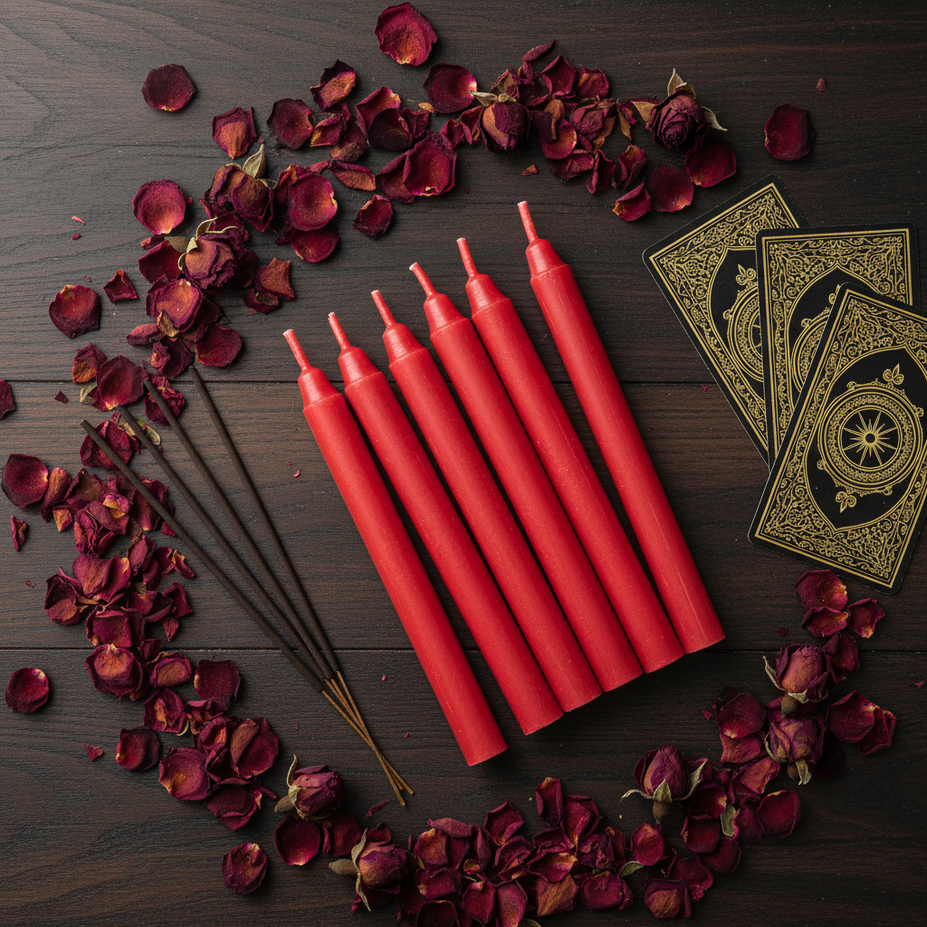 5 candele rosse per rituali flat lay con petali e tarocchi