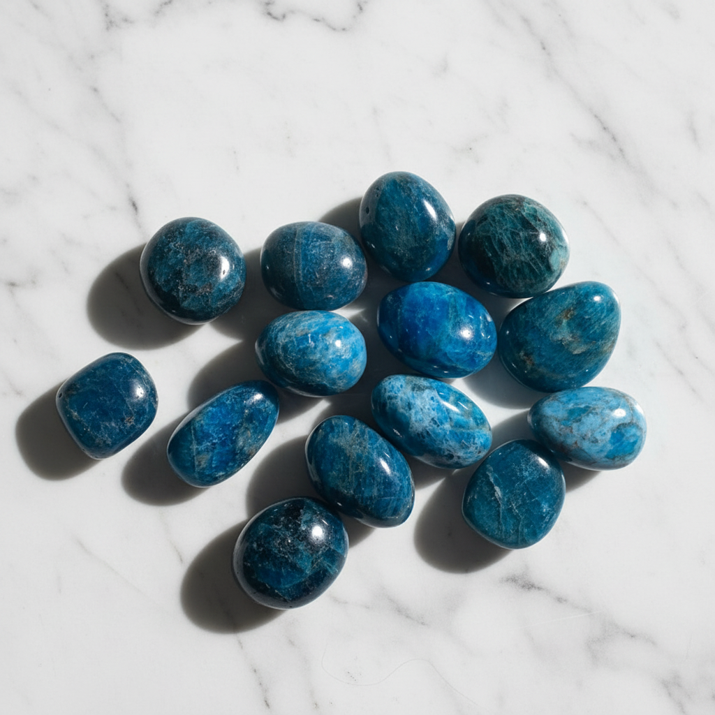 Apatite blu tumbled flatlay su marmo