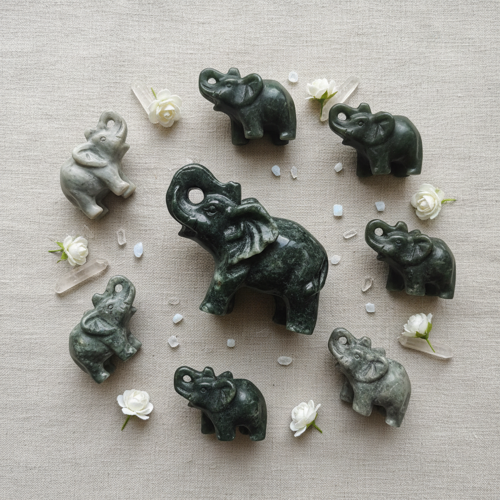 Elefante Xiuan giada verde - fiori e cristalli