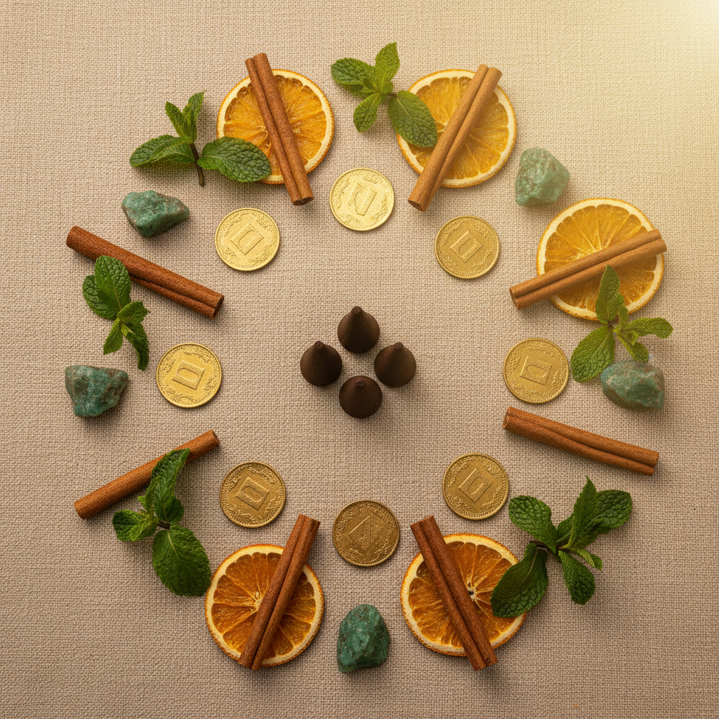 Coni Attira Denaro - flatlay lino composizione abbondanza