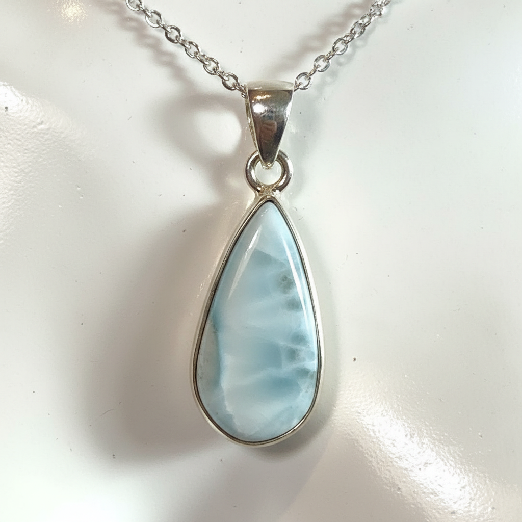 Collana con Ciondolo Goccia Grande in Argento e Larimar Naturale