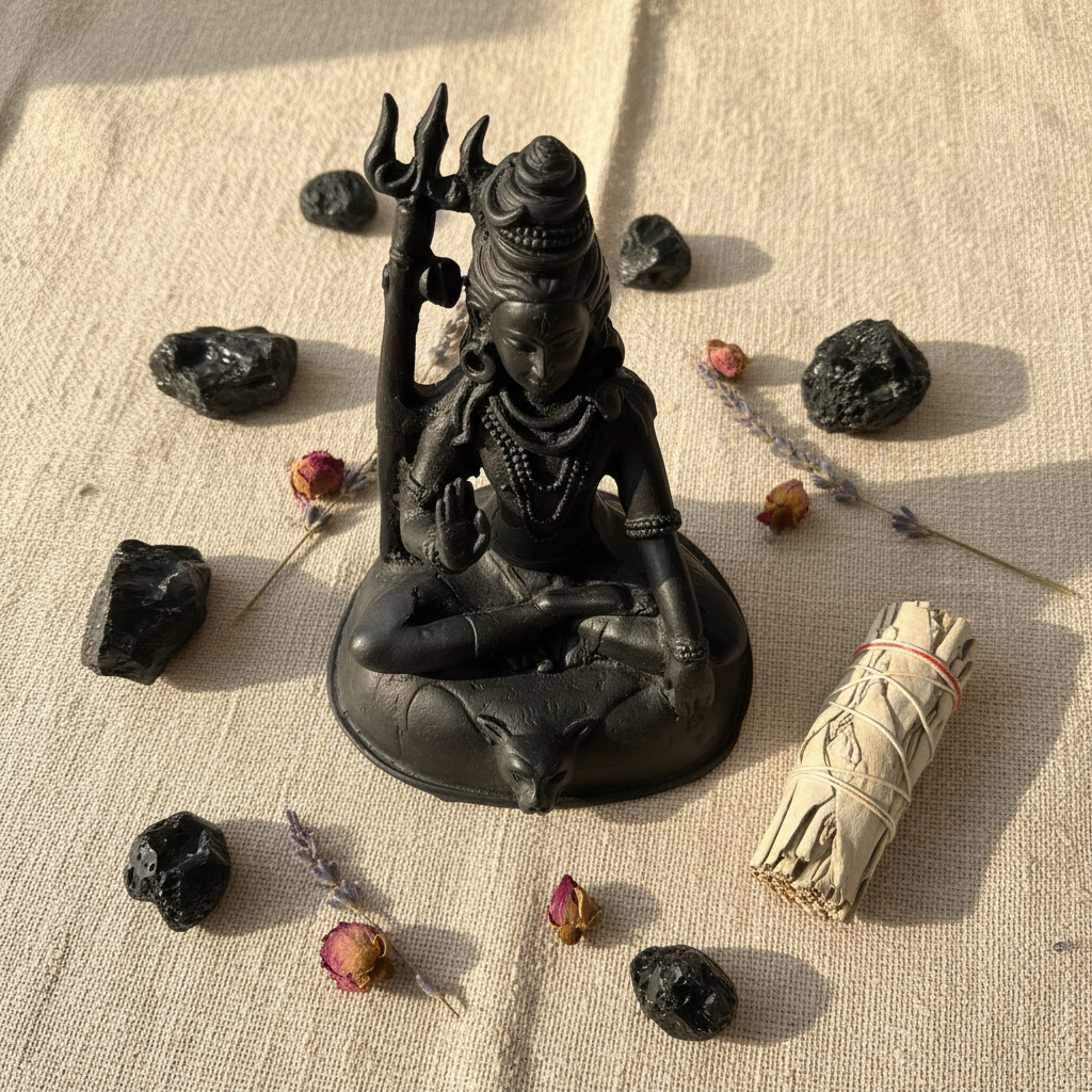 Shiva pietra lavica - flatlay lino con ossidiana e salvia
