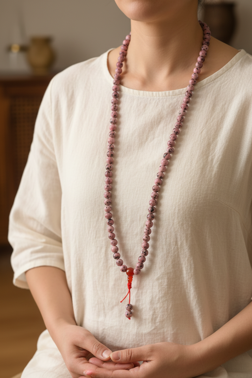 Japamala apatite africana rosa - collana lunga 70cm indossata