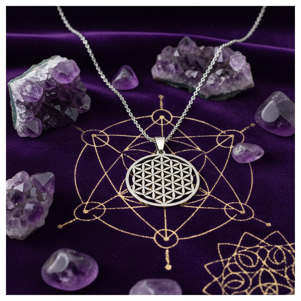 Collana Fiore della Vita - velluto viola con ametiste