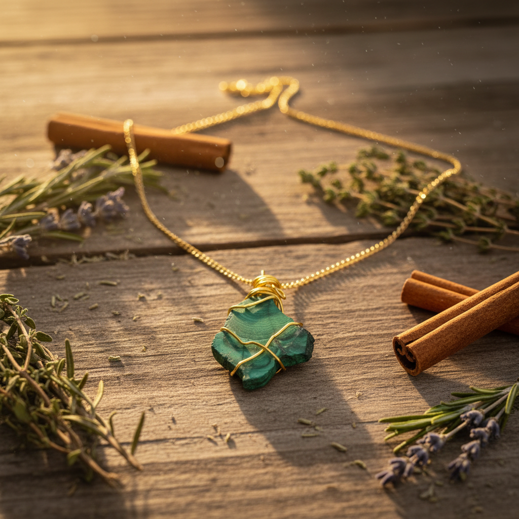 Collana Malachite Grezza Artigianale - sfondo legno rustico