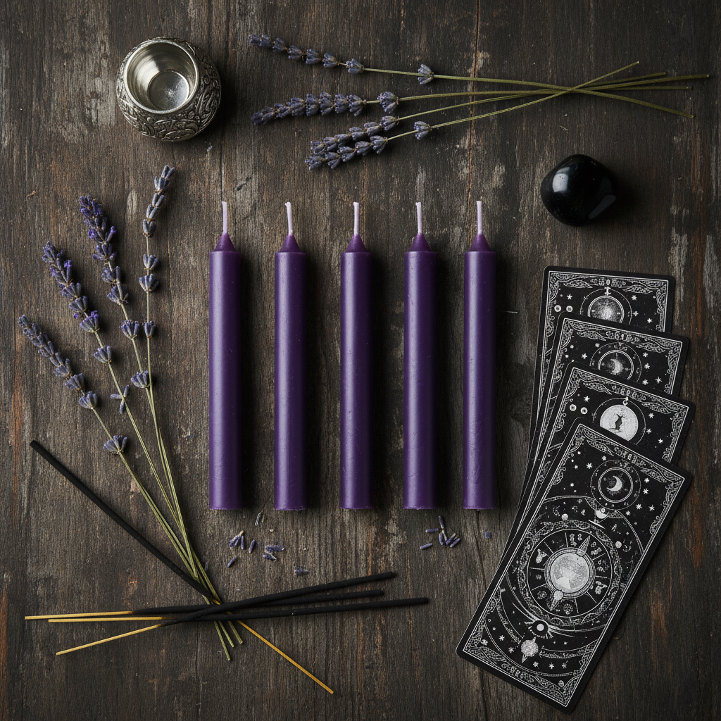 5 candele viola per rituali flat lay con lavanda e tarocchi