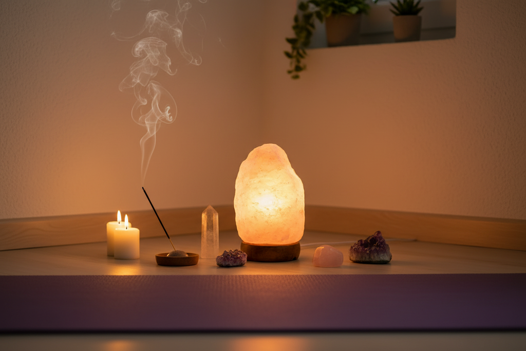 Lampada di sale Himalaya in angolo meditazione