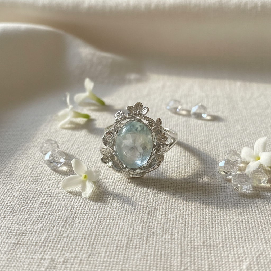 Anello acquamarina composizione fiori e cristalli