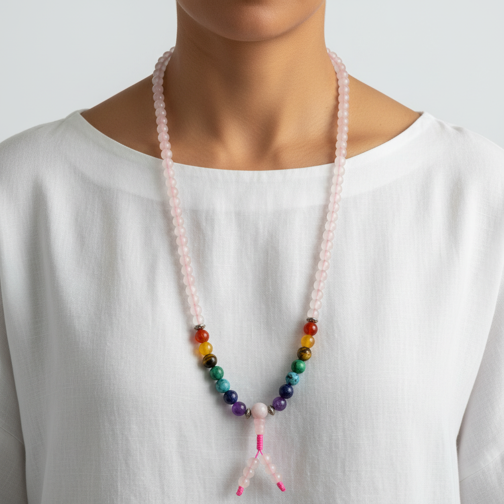 Mala quarzo rosa 7 chakra indossata come collana lunga
