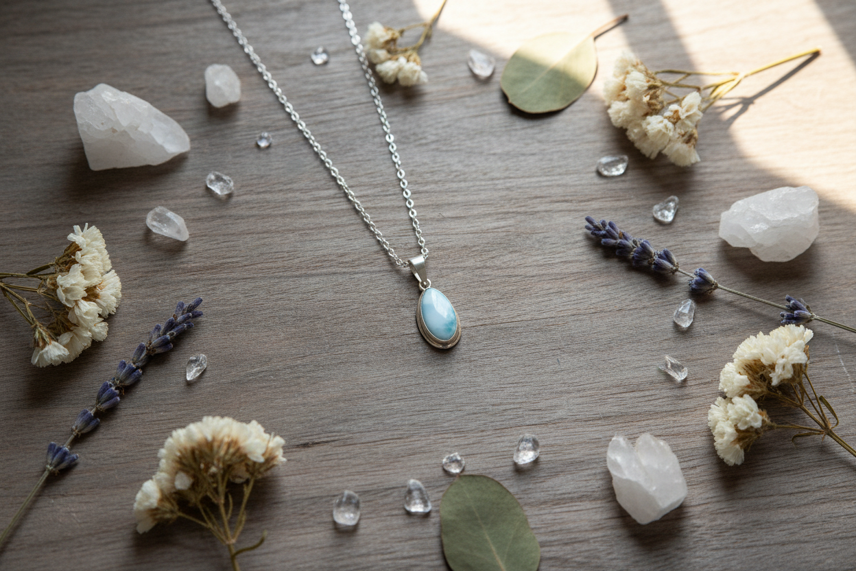 Collana con Ciondolo Ovale in Argento e Larimar Naturale