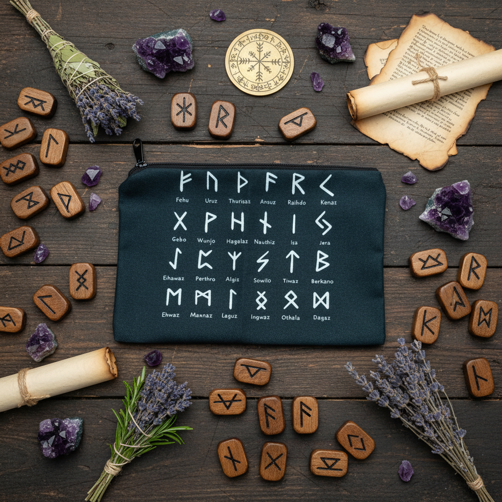 Pochette Rune Norrene - flat lay Norse con pietre runiche