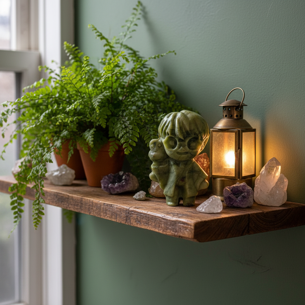Dobby Folletto in Giada Verde - lifestyle mensola con lanterna