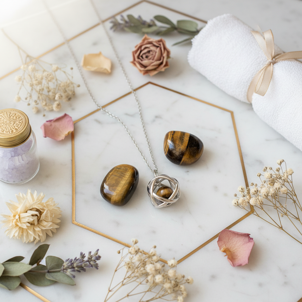 Collana Genesa Occhio di Tigre - sfondo marmo luxury
