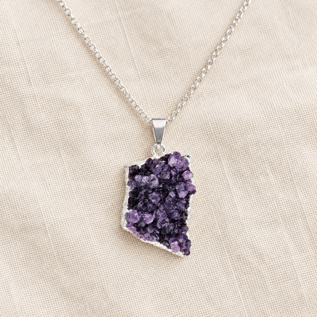 Collana con druzy di ametista su lino