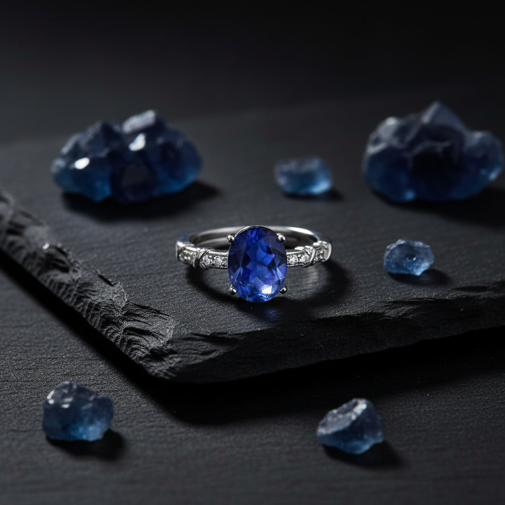 Anello fluorite blu su ardesia scura con cristalli