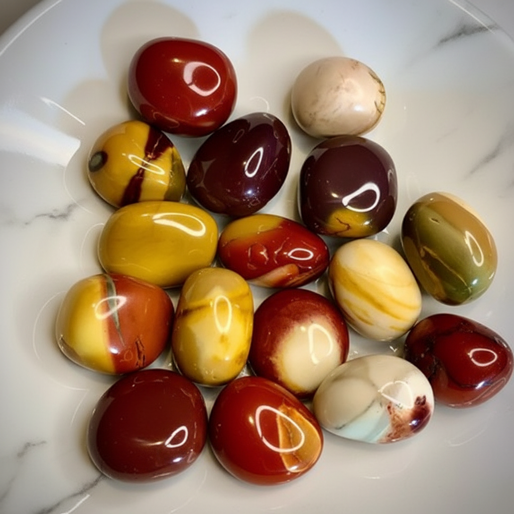 Mookaite jasper tumbled flatlay su marmo