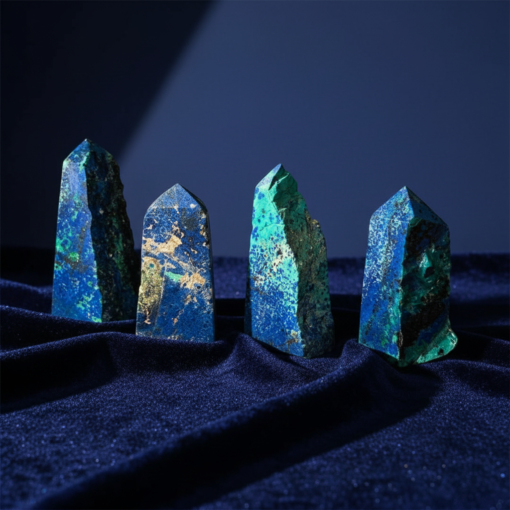 Torri di azzurrite e malachite su velluto blu notte
