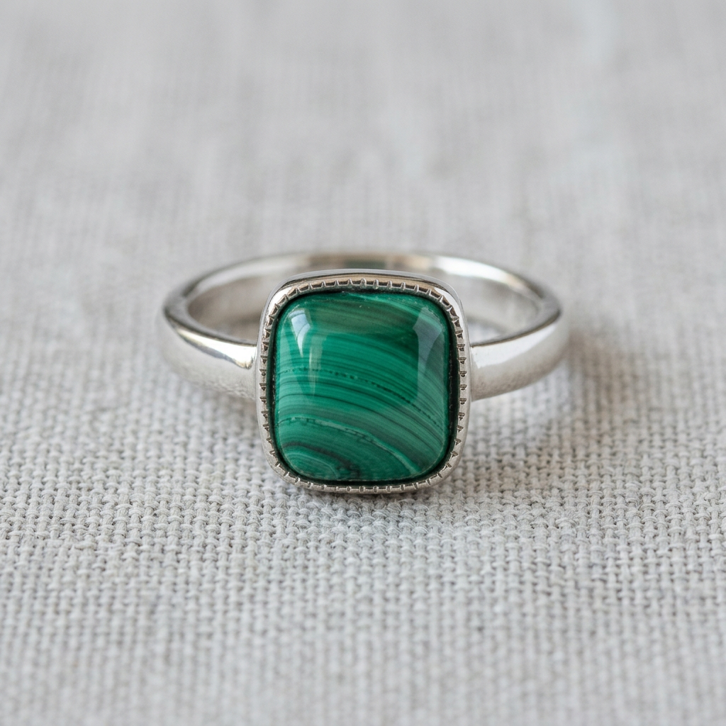 Anello 308 con malachite su lino grigio