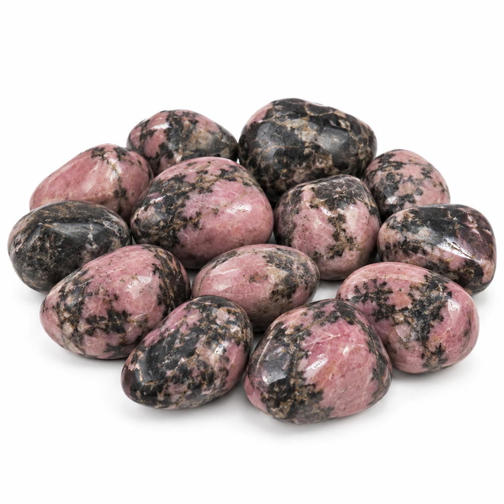 Rodonite burattata, vista a tre quarti