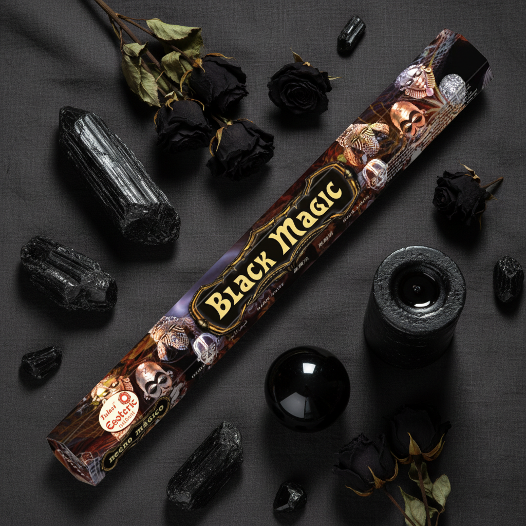 Tulasi Black Magic incensi - composizione gotica con rose nere e ossidiana