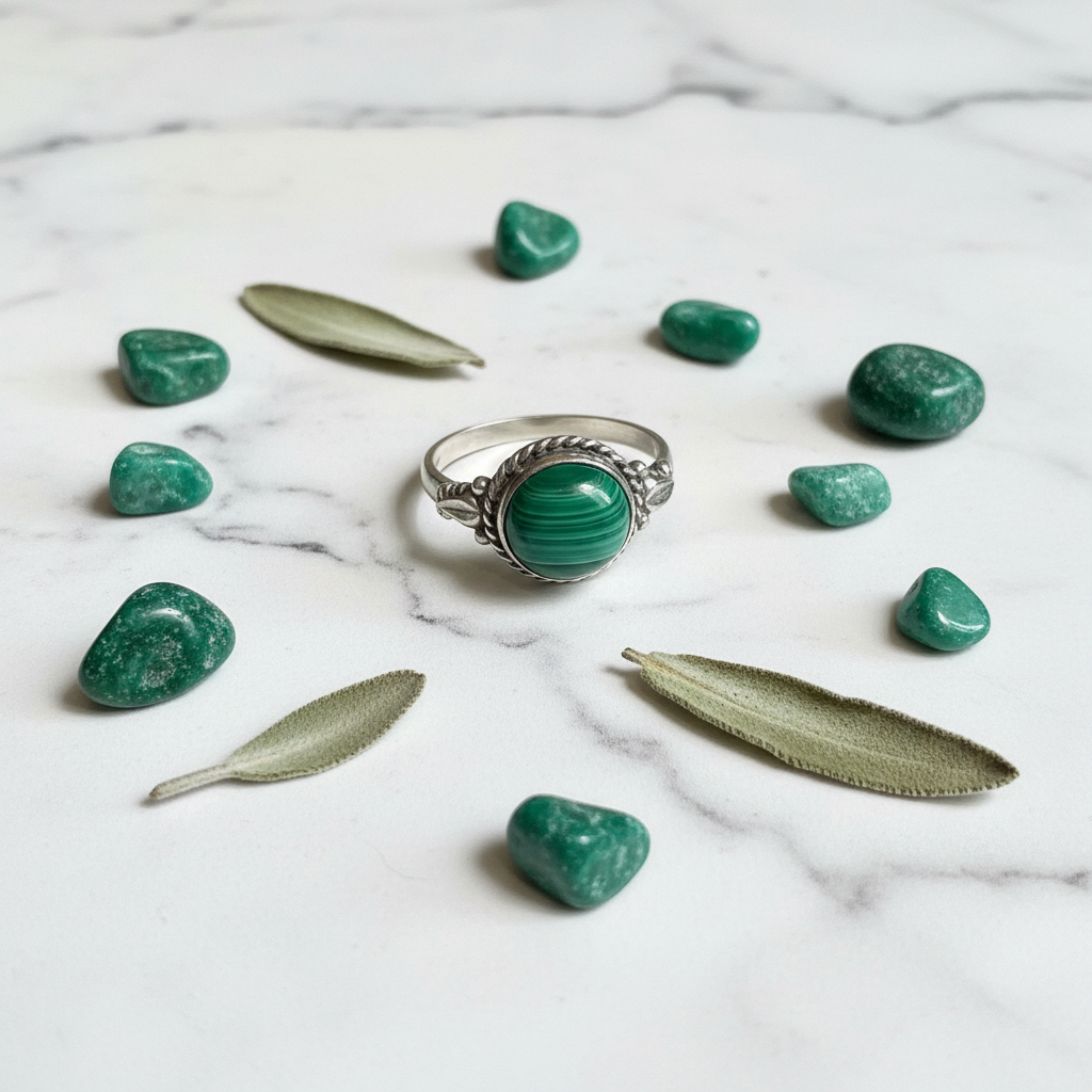 Anello Vintage in Argento con Malachite Naturale - flat lay marmo