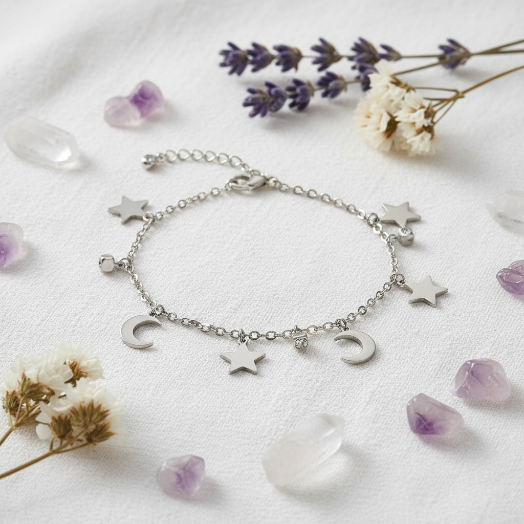 Bracciale silver luna e stelle - composizione fiori e cristalli