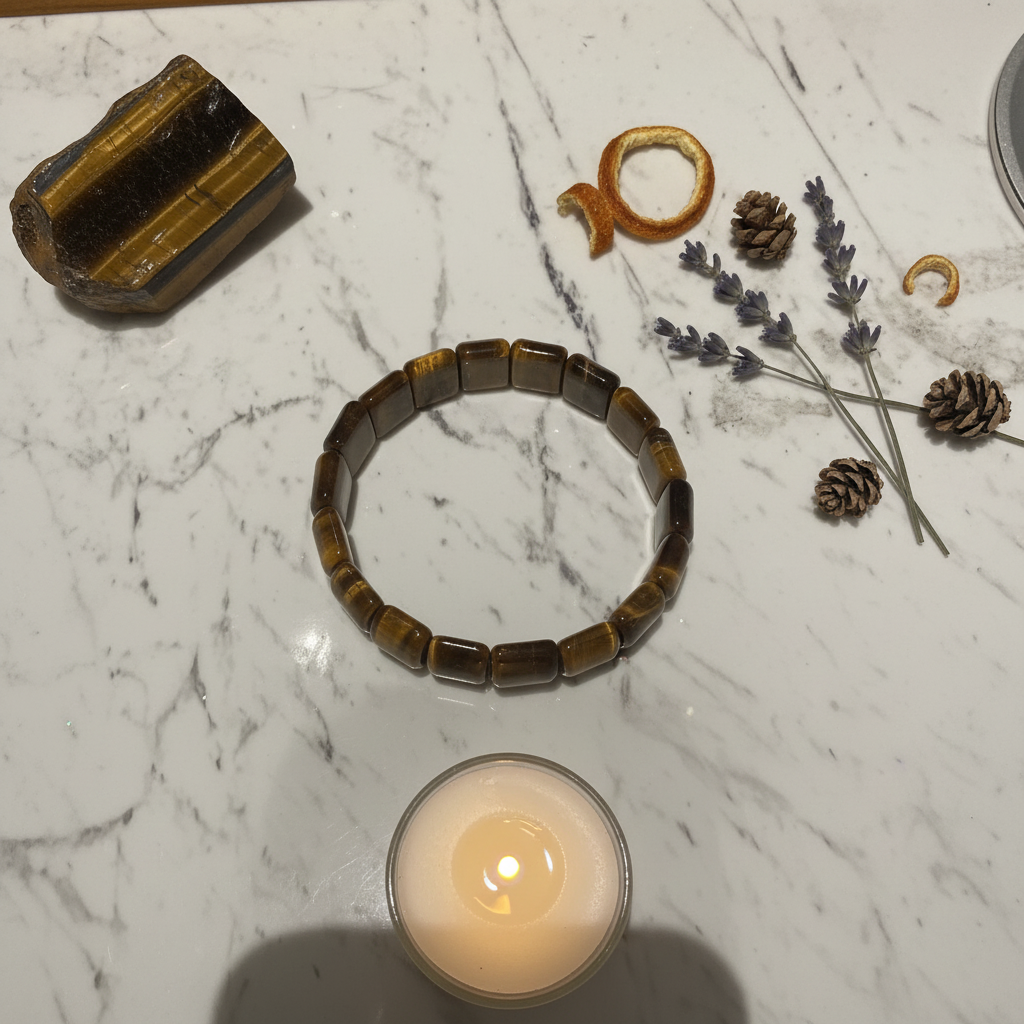 Bracciale Occhio di Tigre - flatlay marmo con cristallo grezzo e candela