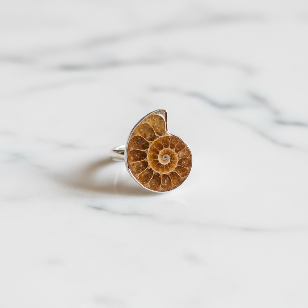 Anello ammonite su marmo bianco