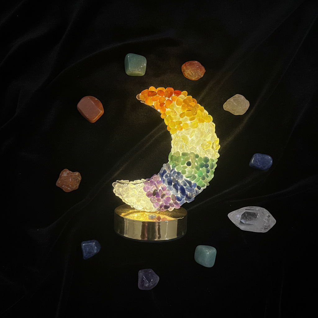 Luna 7 Chakra - flatlay velluto nero con cristalli chakra