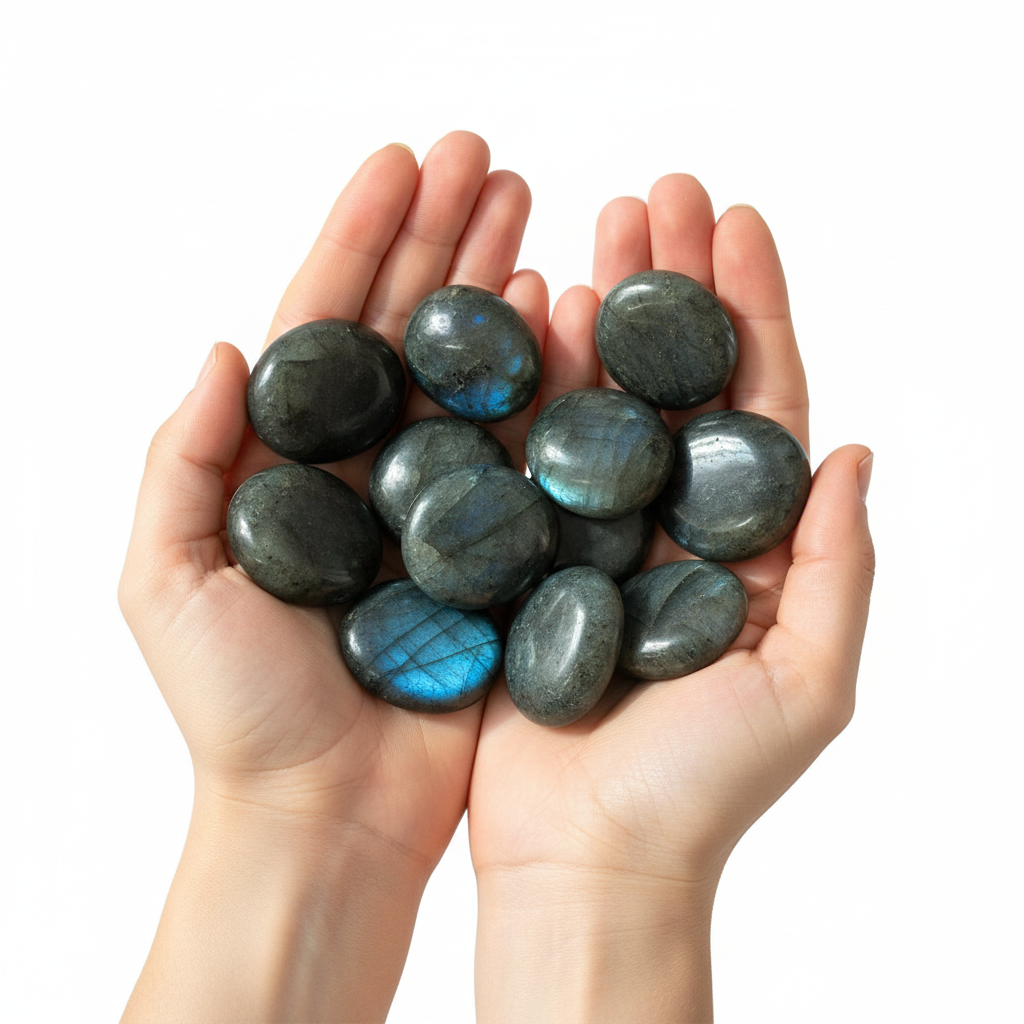 Palmstone labradorite scura - mano con la pietra