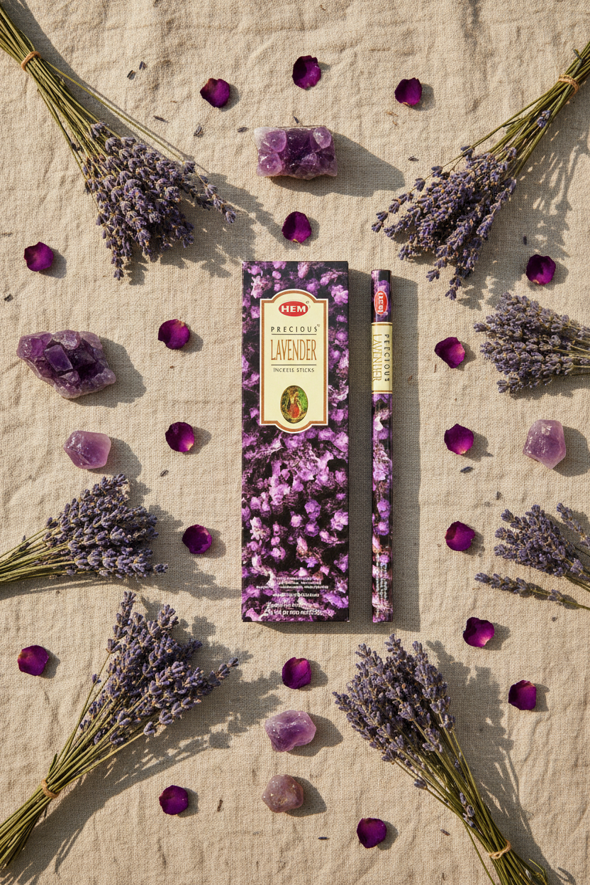HEM Precious Lavender - lifestyle su lino con cristalli ametista