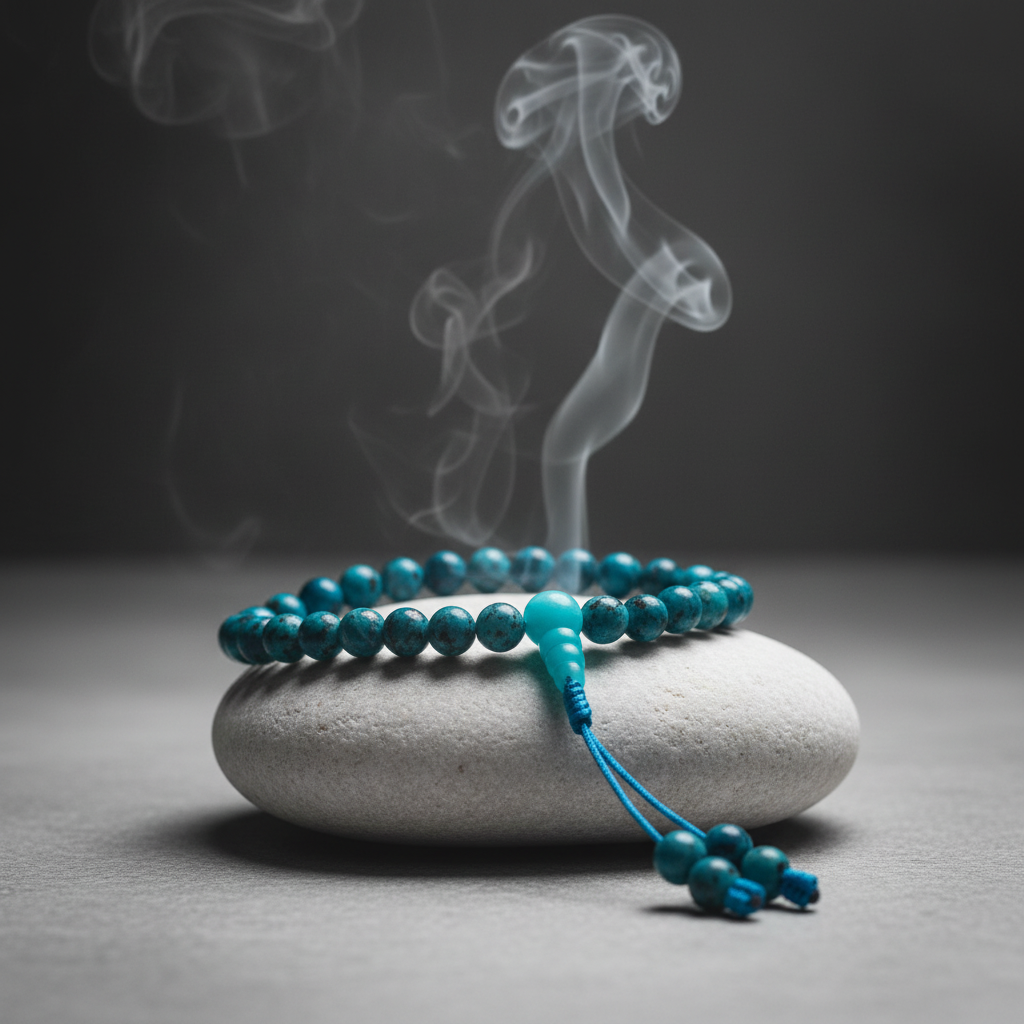 Japamala turchese africano - draped su pietra bianca con incenso