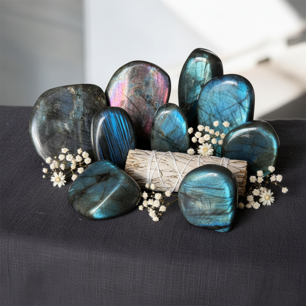 Labradorite Freeform - con fiori e salvia