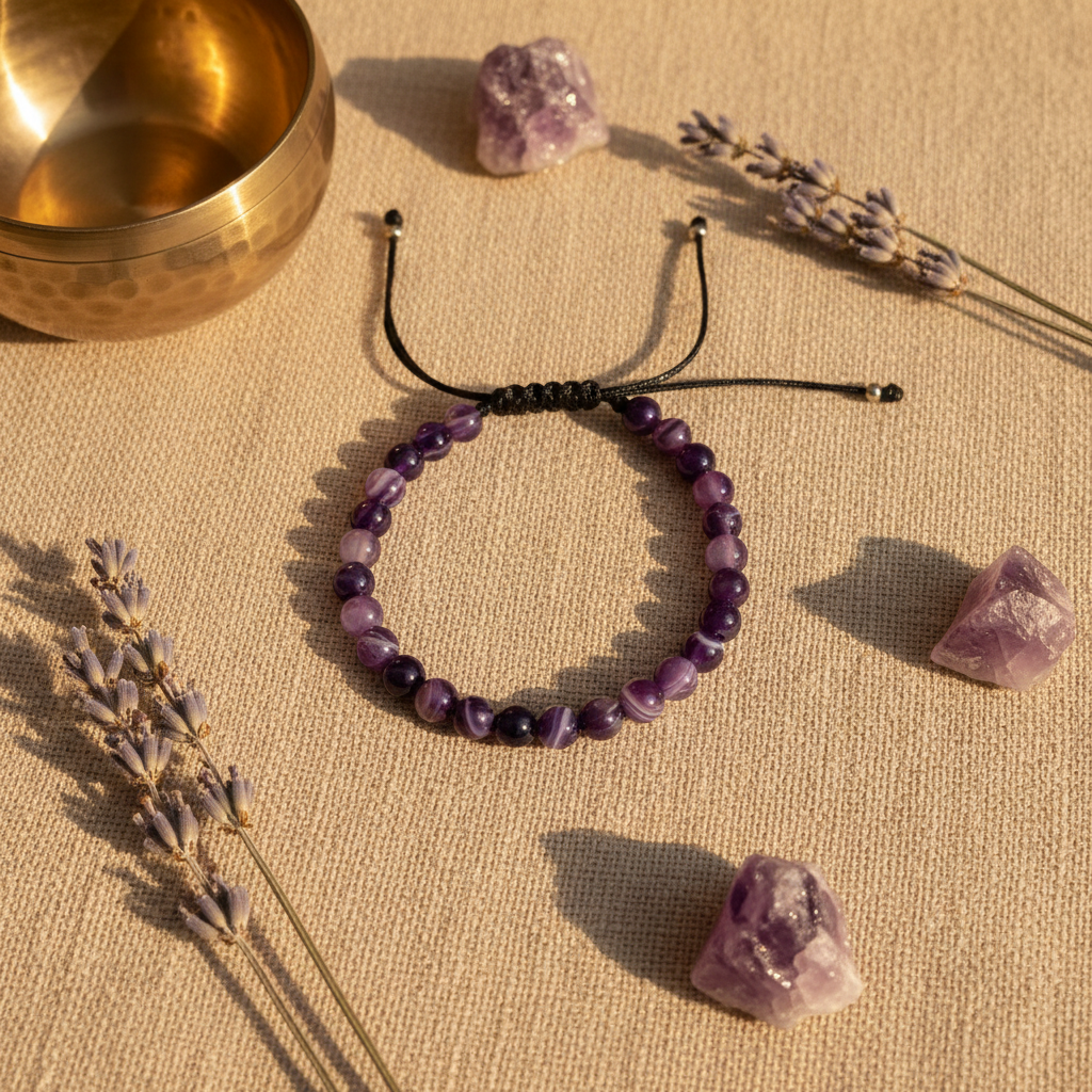 Bracciale agata viola lifestyle su lino con lavanda