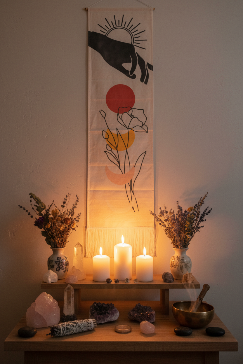 Arazzo fiore e mani - backdrop altare meditazione